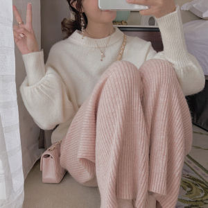 Pink Knitted Wide Leg Pants Womens High Waist Drapey Loose Casual Floor-Length Trousers Autumn Winter Small Size Straight