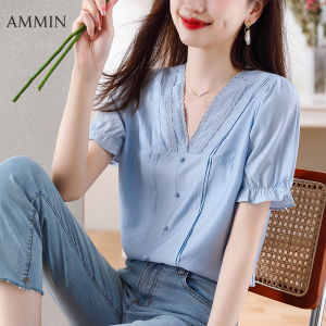 AMMIN เสื้อเบลาส์แขนสั้นผ้าชีฟองคอวีปักลายสวยงามสำหรับฤดูร้อน