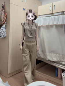 VKSOD | Korean Style Womens Summer 2025 Slim Fit Short Sleeve Top Wide Leg Pants Two Piece Set Waist Cinching Slimming Outfit