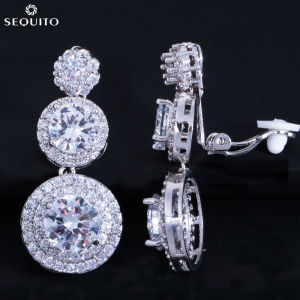 SEQUITO High Grade White Gold Color Flower Drop Round Clip Earrings AAA Cubic Zirconia Full Paved Sparkly Women Wedding without Piercing Non Hole Jewelry SE725