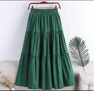 Rok Midi A-Line Hitam dan putih untuk wanita pinggang karet elastis