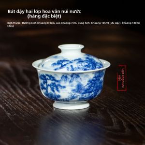 SANQINTANG | Gaiwan Sứ Cảnh Đức Trấn Vẽ Tay Phong Cảnh Lam Bạch