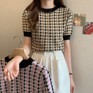 🎀 SIS Women Printted Round Neck Short Sleeves Tops Summer Knitted Blouse