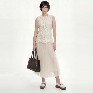 S·DEER | Đầm Dập Liền Không T Tay Phối Ren MESH Kiểu Nông Thôn