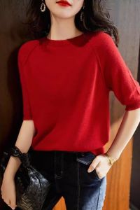 Luxury Brand Womens Red Ice Silk Knitted Short Sleeve T-Shirt Korean Style round Neck Casual Loose Fit Spring Fashion
