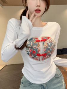 GUZILIAN | Elegant Chinese Style Embroidered Long Sleeve Womens Base Shirt Slim Fit Spring New Style Street Fashion Trend Top