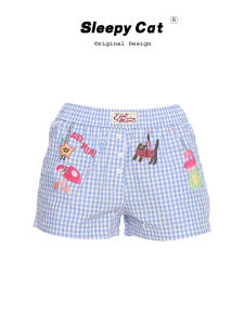 กางเกงขาสั้นลายสก็อตพิมพ์ลายแมว Sleepy Cat ทรงหลวม กางเกงขายาวทรงตรง ทรงเกาหลี ความยาวปกติ สไตล์ฤดูร้อน