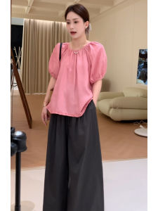 YUEZHONGWEI | French Lantern Sleeve Pink Round Neck Short Sleeve Shirt Women Summer Design Loose Dopaamine Top Comfortable Korean Style Blouse