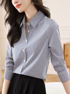 Slimming Striped Shirt Womens Commuter Style Chinese Fashion Straight Cut Silk Cotton Blend Long Sleeve Mid-Length Top