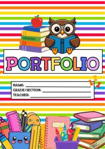 Pastel rainbow notebook with bee and school supplies design. Owl and apple on striped cover. Name grade teacher fields.