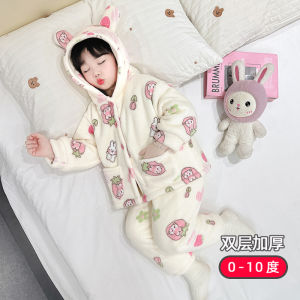 Girl Pajamas Winter Fleece-lined Thickened Kids Coral Fleece Hood Suit Baby Girl Flannel Home Wear