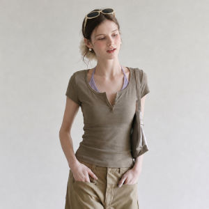 Halter Neck Color Block Short Sleeve Slim Fit T Shirt