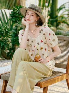 XIANGYING | Floral Embroidery Cotton Outfit Set
