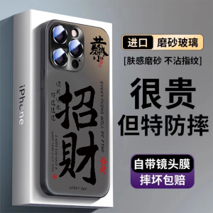 Creative Chinese Text Lucky Apple 16Promax Phone Case Luxury Frosted Glass for iPhone 14Promax I13 Full Lens Protection for Couples