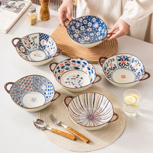 Chinese New Style round Plaid Dual Handle Irregular Bowl Soup Bowl Salad Noodle Bowl Large Ceramic Tableware River Snail Rice Noodle Dedicated