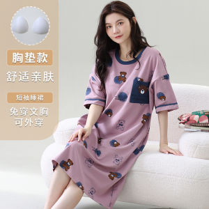 Womens Nightdress with Chest Pad Summer Pure Cotton Long below the Knee Pajamas Summer Plus Size Plus Size Ladies Homewear Dress