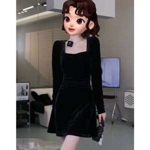 ชุดเดรสสีดำทรงเข้ารูป แขนยาว กระโปรงทรงเอ ผ้ากำมะหยี่ ชุดราตรีสั้น ชุดทำงาน แฟชั่นฤดูใบไม้ผลิ ฤดูใบไม้ร่วง ฤดูหนาว