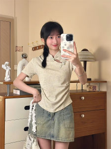 เสื้อยืดแขนสั้นทรงเข้ารูปสไตล์จีนใหม่สำหรับผู้หญิงในฤดูร้อน เสื้อเชิ้ตทรงเข้ารูปแบบพื้นฐาน เสื้อเชิ้ตคอตตอนทรงเข้ารูป