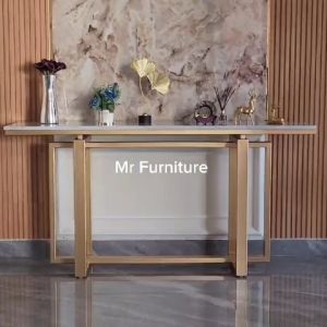 Meja Konsul Gold Top Marmer Putih Carrara