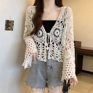 Cotton Knit Cardigan for Women Summer New Arrival Bohemian Vacation Style Long Sleeve Short Top Shirt Embroidered Shoelace Cut Out Detailing