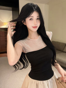 GUZILIAN | ชุดเดรสยาวปานกลางผ้าตาข่ายแขนกุดเข้ารูปสไตล์เกาหลีฤดูร้อน ชุดเดรสผู้หญิงทรงเอเข้ารูปสีตัดกัน