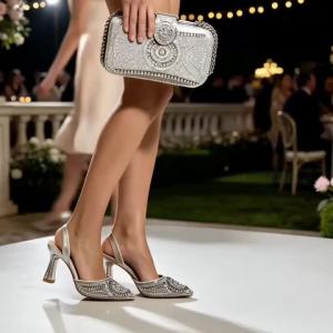 Gold Color Rhinestone Pearl Slingback Heels Matching Top Handle Handbag Set Women Formal Wedding Prom Crystal Pumps Shoe Bag