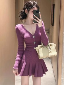 QFN | Purple V-Neck Knitted Dress Waist-Cinching Button-Decorated