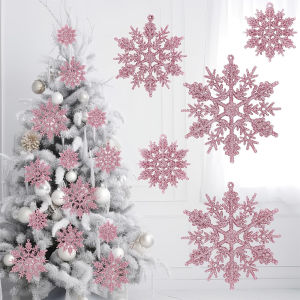 6/12/24Pcs Snowflakes for Christmas Tree Decoration Pink Snowflakes With Bright Powder Winter Home New Year Hanging Decoration