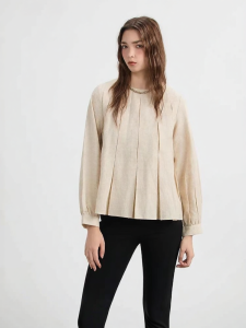 S·DEER | Áo Thun Dài Tay Phong Cách Chuyên Nghiệp Cổ Tròn Ghép Miếng Bằng Cotton Linen Rộng Rãi
