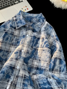 Tie-Dyed Gradient Blue Gingham Long Sleeves Shirt Mens Autumn American Retro Dirty Outwear Spring and Autumn Handsome Shirt