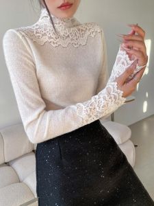White Lace Splice Long Sleeve Half High Collar Womens Base Shirt Spring Autumn New Style Outerwear Inner Match T-shirt Top