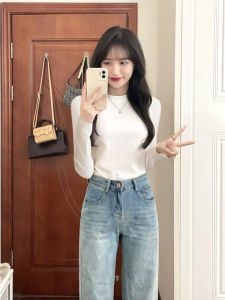 Áo Thun Dài Tay Màu Trắng Cổ Đứng Cho Nữ Mùa Thu Đông Phong Cách Mới Quần Áo Công Sở Thường Ngày Dài Vừa Phải