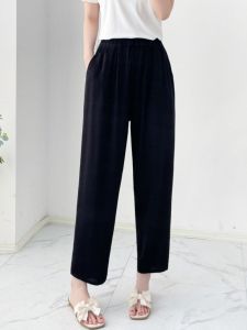 กางเกงขายาวผ้าไหมคอตตอนทรงตรงเอวสูงทรงหลวมบางสำหรับฤดูร้อนสำหรับผู้หญิง กางเกงขายาวทรงฮาราจูกุลำลอง