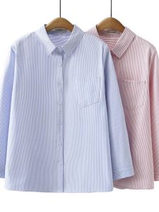 Casual Style Long Sleeve Shirt Womens Loose Fit Pocket Detail Vertical Stripes Slimming Effect Spring Autumn Large Size