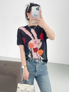 Summer Cartoon Rabbit Print Pleated Short Sleeve T-Shirt round Neck Short Style Top Life Pleats Commute Style Loose Fit Polyester Fiber