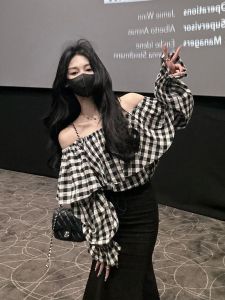 Spring & Fall Pure Desire Fancy Super Nice off-Shoulder Gingham Ruffles Shirt Sling Mermaid Dress Two-piece Set Niche Style