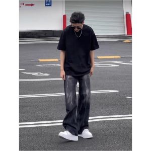 Retro American Gradient Washed Grey Black Mens Jeans Straight Leg Casual Flared Pants Street Style Youth Fashion Casual Wear