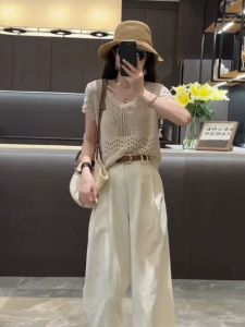 plus Size Summer Fashion Knitted Hollow out Top And Nine-Point Pants Two-Piece Set for Women V-Neck Short Sleeve Polyester