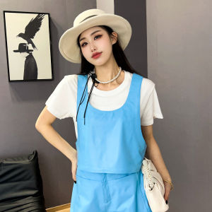 Short Genuine Sheepskin Vest Womens round Neck Outerwear Shoulder Pad Water Blue Top Thickened Autumn New Style Casual Fashion