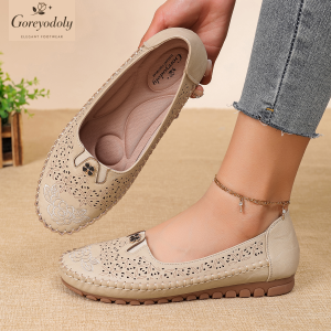 Goreyodoly women loafers floral embroidery hollow design slip on flats breathable lightweight casual walking shoes soft non slip