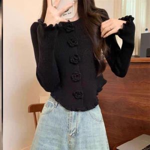 Áo Len Cardigan Gắn Hoa Tay Dài Dáng Ôm Body Xinh Dưới 56kg Habis
