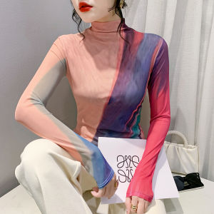 Yimei Hàng Châu Âu 2023 Mùa Thu/Mùa Đông Thời Trang Quảng Châu Lưới Tay áo dài T-Shirt Của Phụ Nữ cổ áo cao kích thước lớn Áo Thun Cao Cảm Giác In Phụ Nữ Của Top