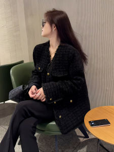 French Style Black Premium Coarse Tweed Quilted Jacket Womens Spring Autumn New Small Size Single Button Versatile Top