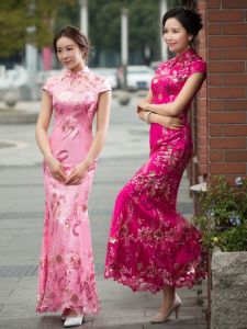 Elegant Pink Long Qipao Evening Gown Lace Trimmed Improved Fish Tail Wedding Reception Ball Dress Breathable Short Sleeve