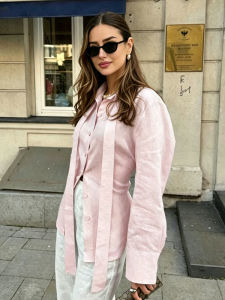 Áo Sơ Mi Cotton Vintage Nữ Cổ Khăn Cài Nút Kiểu Dáng Casual Thanh Lịch Ôm Dáng Thời Trang Đường Phố