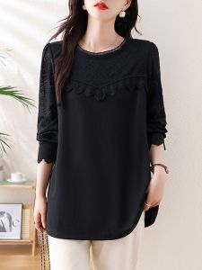 plus Size Casual Lace Long Sleeve T-Shirt Womens Base Shirt Cover Belly Loose Fit Spring Autumn Korean Style round Neck Top