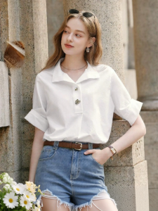 XIANGYING | French Style Commuter White Short Sleeve Shirt Summer New Arrival Cotton