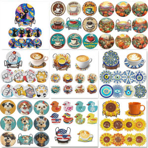 8 pieces of diamond art painting coasters with brackets DIY lotus pattern series diamond art coasters suitable for adults and