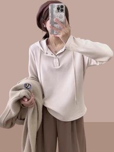 Pure Cotton Long Sleeve Hoodie Base Shirt Inner Wear Spring Autumn New Style Short Womens Fashion Small Size Casual Loose Fit