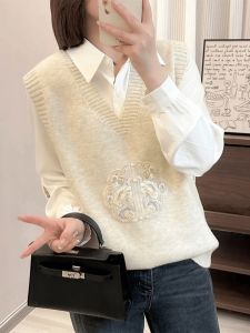 ทันสมัย ถัก แขนกุด เสื้อกั๊ก ผู้หญิง ดีไซน์ Sense Tagless ฤดูใบไม้ผลิ รูปแบบใหม่ คอวี ลายจระเข้ ลำลอง หลวม Fit